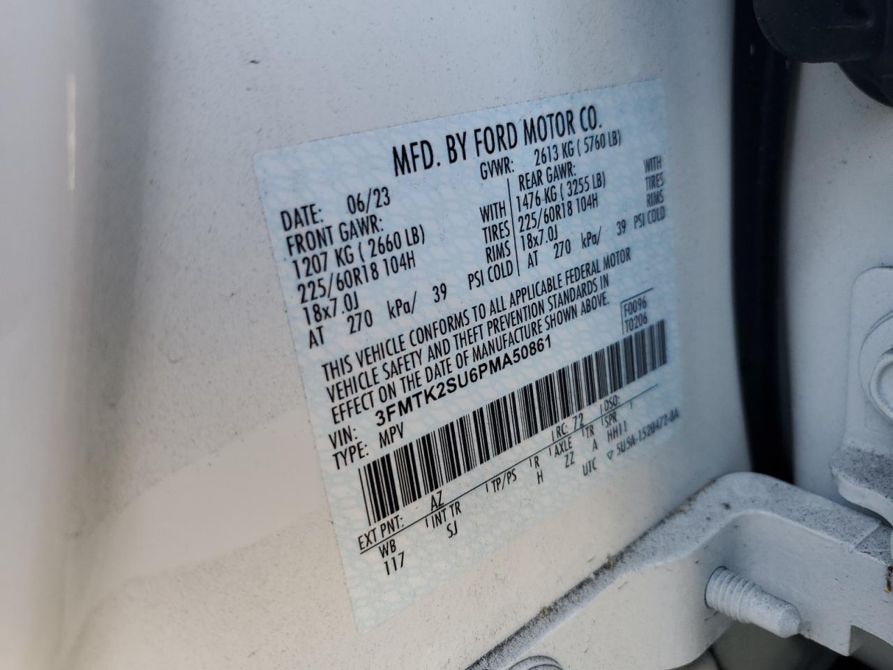 2023 FORD MUSTANG MACH-E CALIFORNIA ROUTE 1 VIN:3FMTK2SU6PMA50861