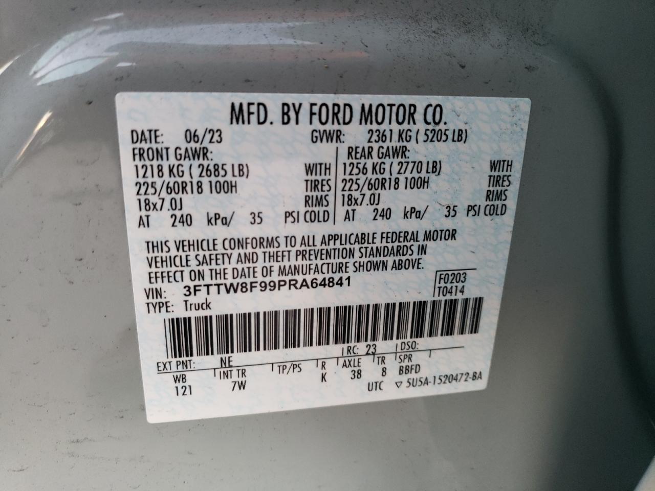2023 FORD MAVERICK XL VIN:3FTTW8F99PRA64841