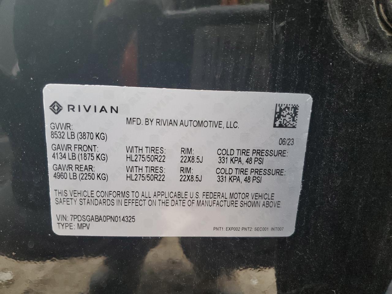 2023 RIVIAN R1S ADVENTURE VIN:7PDSGABA0PN014325