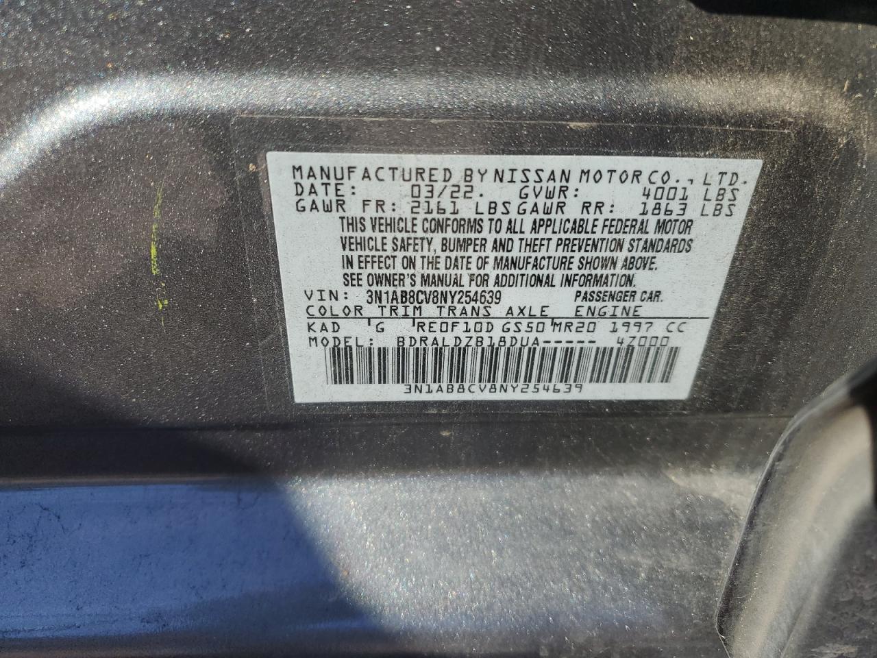 2022 NISSAN SENTRA SV VIN:3N1AB8CV8NY254639