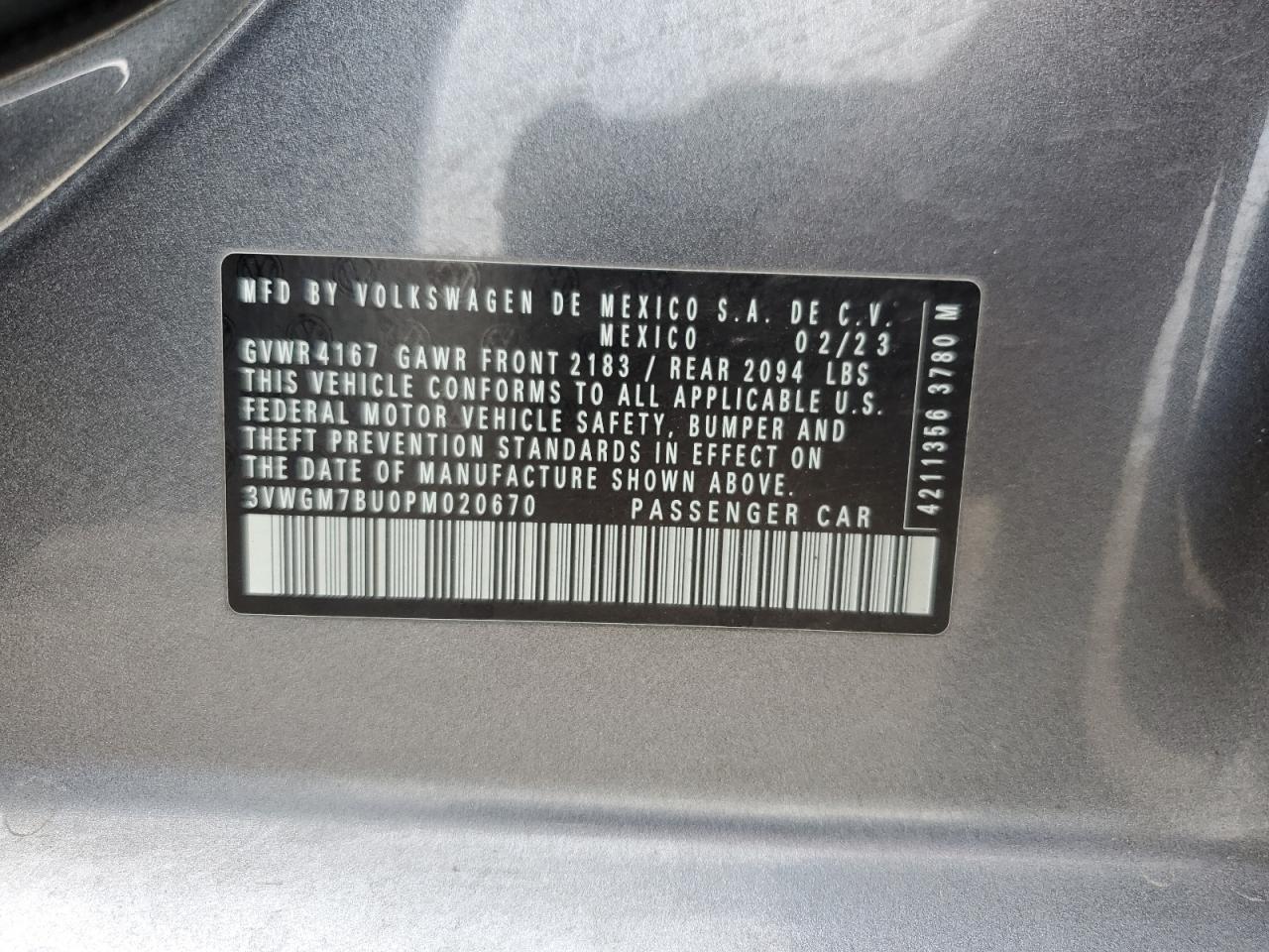 2023 VOLKSWAGEN JETTA SEL VIN:3VWGM7BU0PM020670