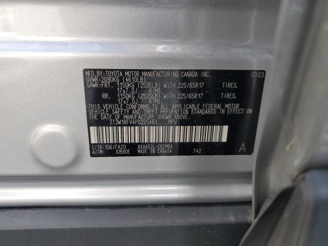 2023 TOYOTA RAV4 XLE VIN:2T3W1RFV4PC225463