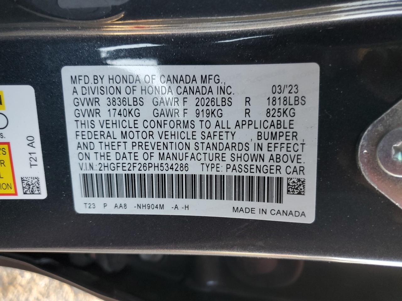 2023 HONDA CIVIC LX VIN:2HGFE2F26PH534286