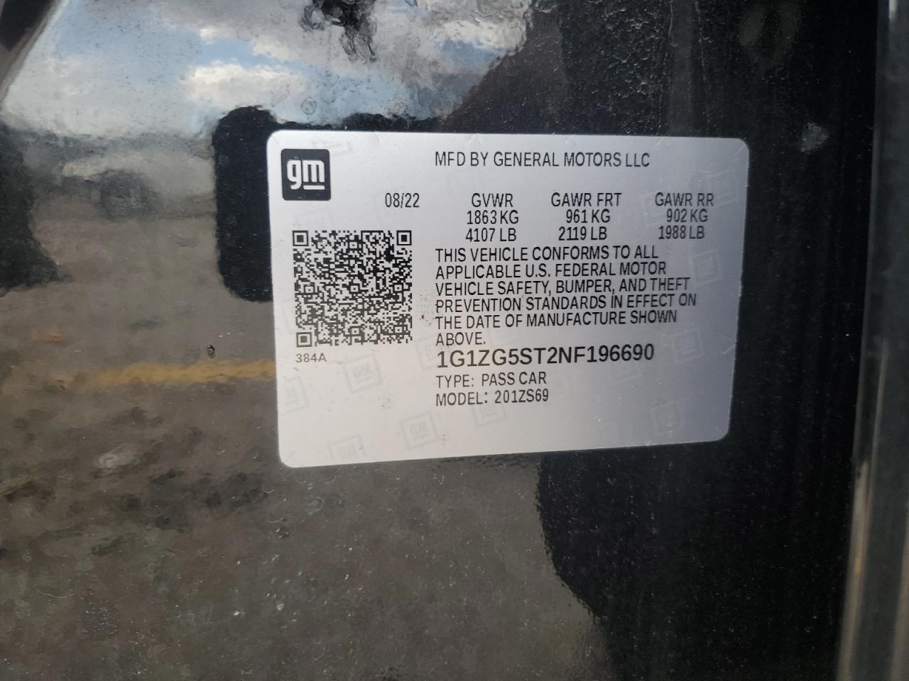 2022 CHEVROLET MALIBU RS VIN:1G1ZG5ST2NF196690