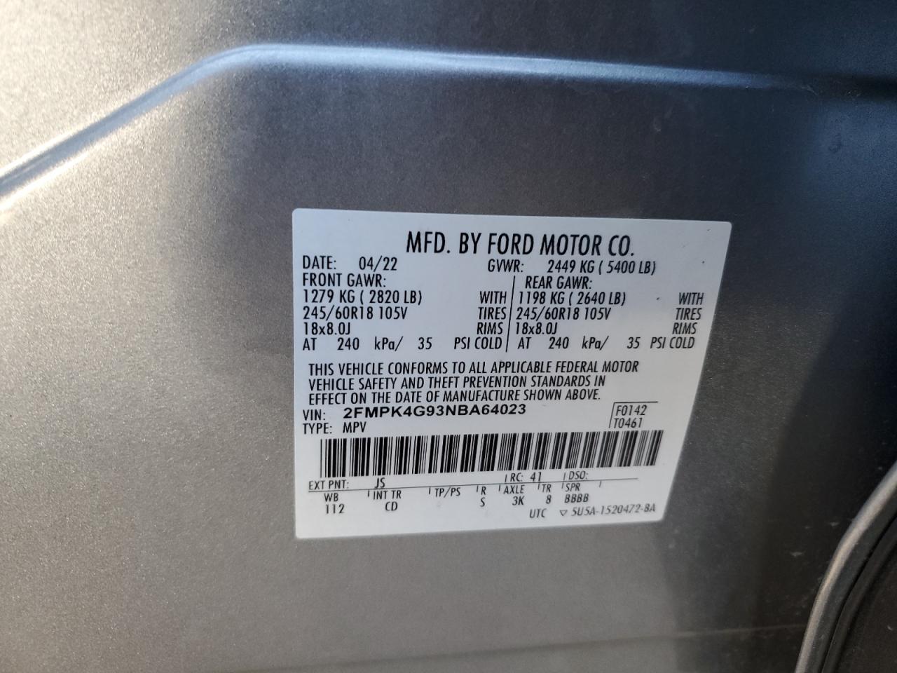 2022 FORD EDGE SE VIN:2FMPK4G93NBA64023