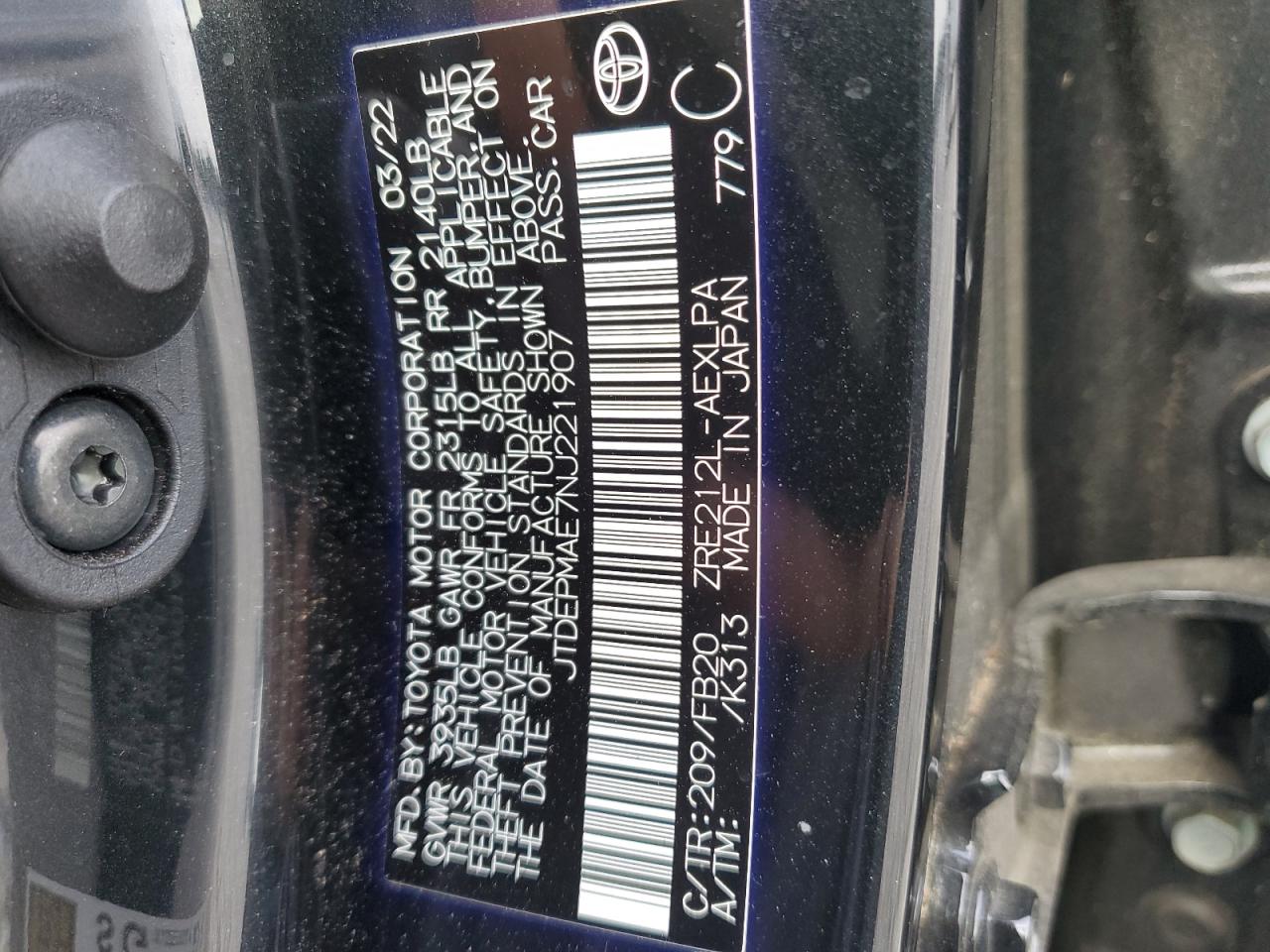 2022 TOYOTA COROLLA LE VIN:JTDEPMAE7NJ221907