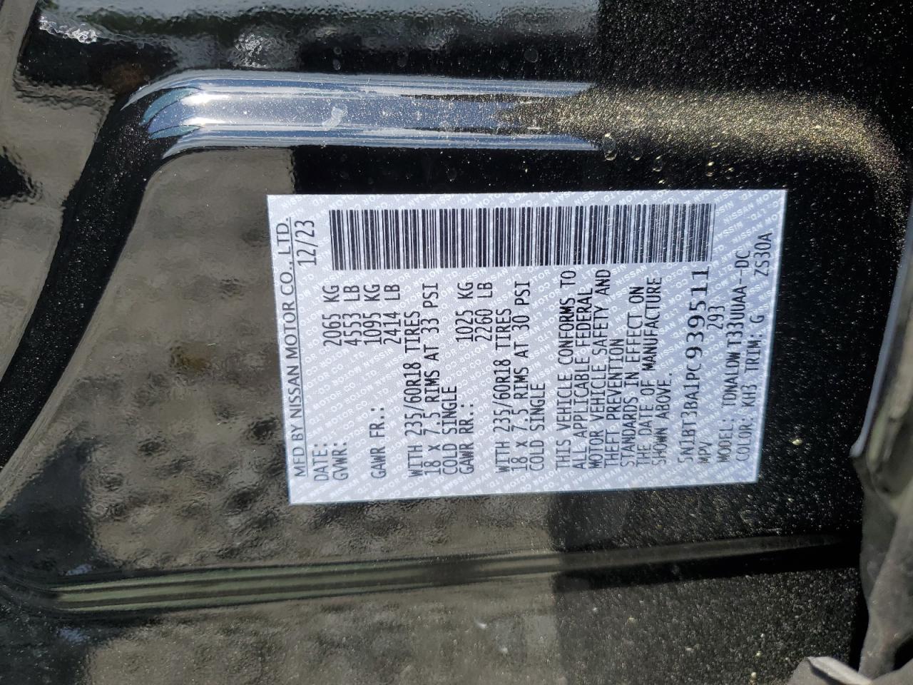 2023 NISSAN ROGUE SV VIN:5N1BT3BA1PC939511