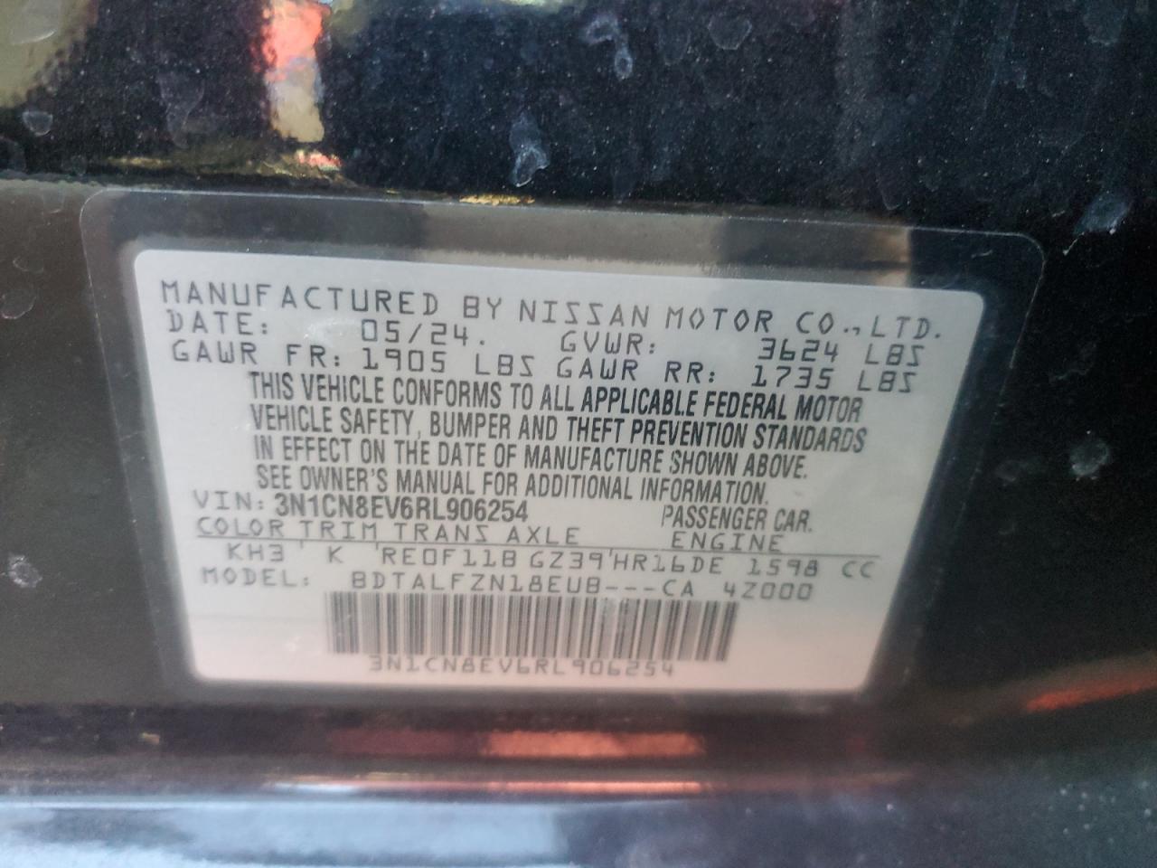 2024 NISSAN VERSA SV VIN:3N1CN8EV6RL906254
