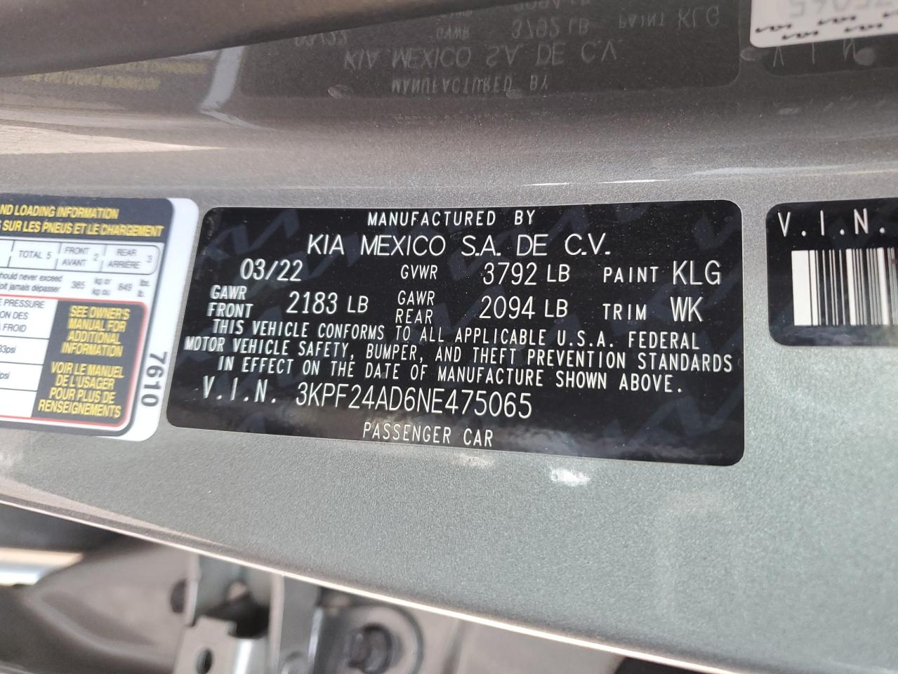 2022 KIA FORTE FE VIN:3KPF24AD6NE475065