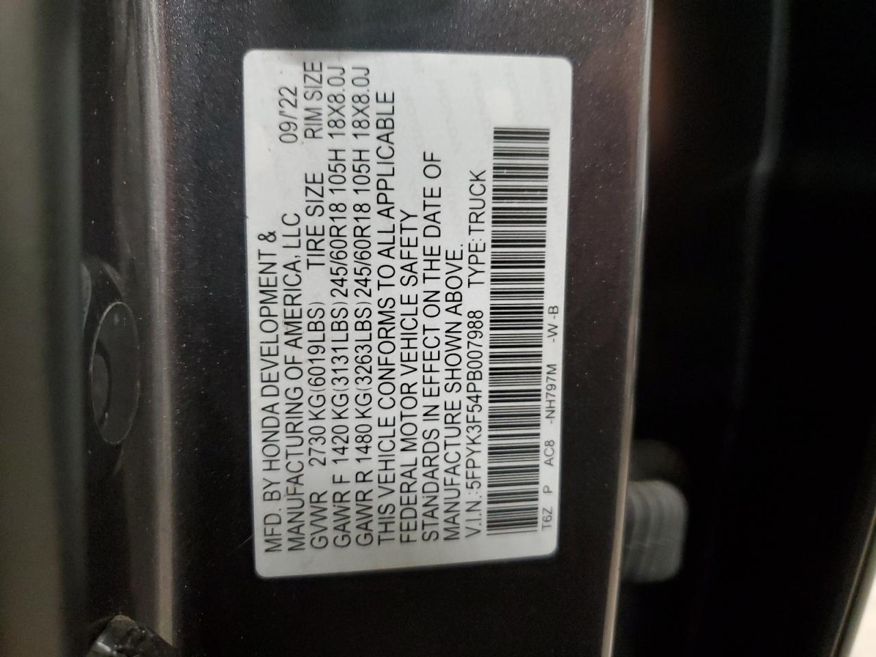 2023 HONDA RIDGELINE RTL VIN:5FPYK3F54PB007988