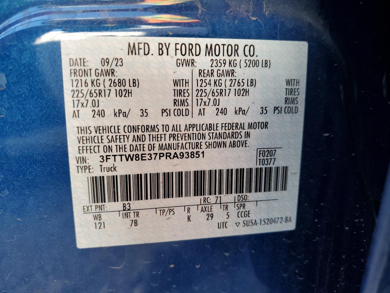 2023 FORD MAVERICK XL VIN:3FTTW8E37PRA93851