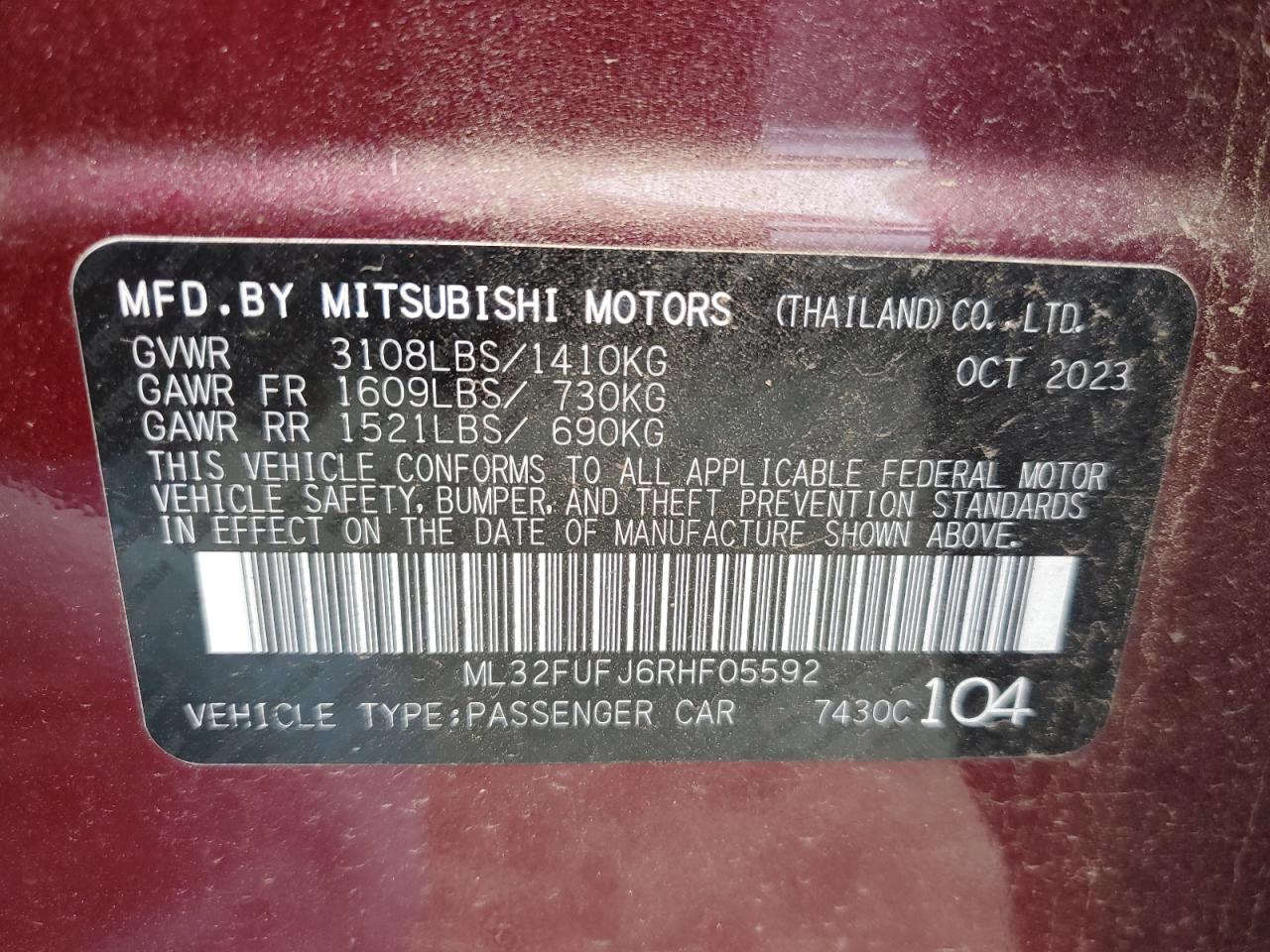 2024 MITSUBISHI MIRAGE G4 ES VIN:ML32FUFJ6RHF05592