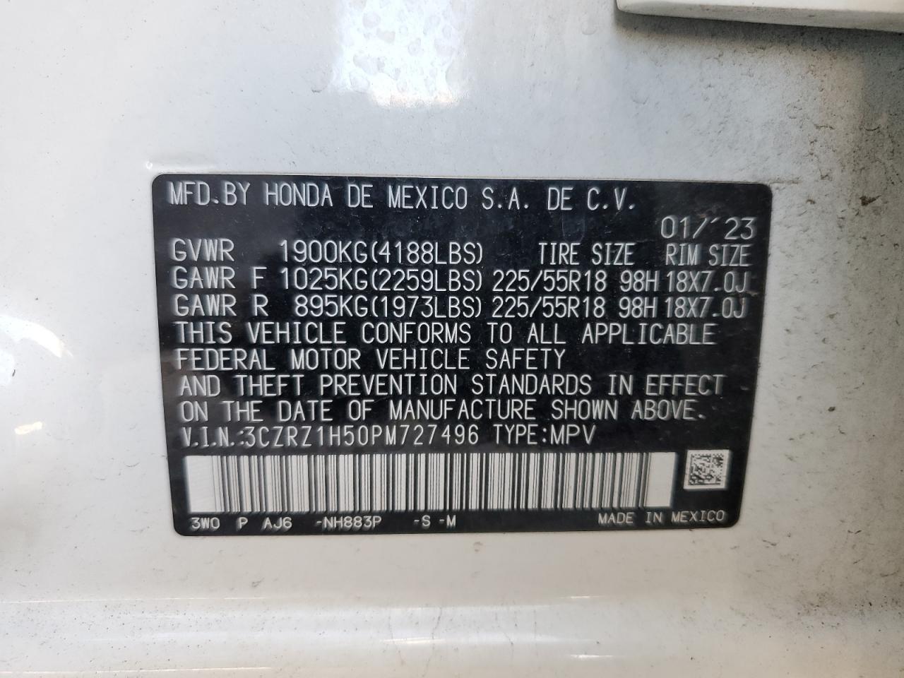 2023 HONDA HR-V SPORT VIN:3CZRZ1H50PM727496