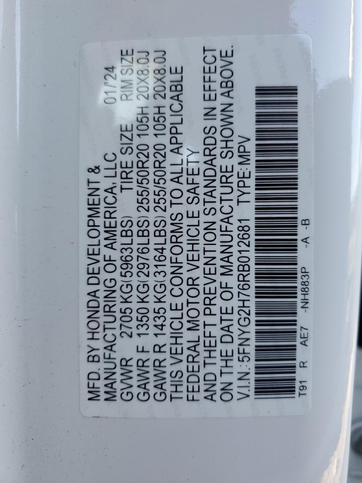 2024 HONDA PILOT TOURING VIN:5FNYG2H76RB012681