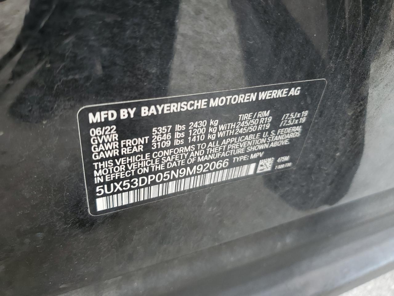 2022 BMW X3 XDRIVE30I VIN:5UX53DP05N9M92066