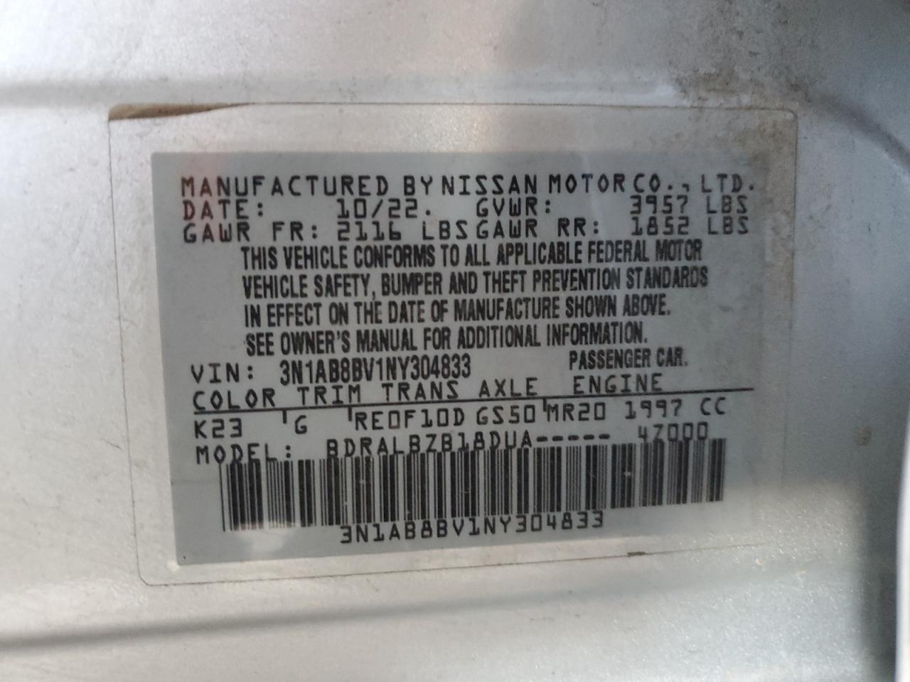 2022 NISSAN SENTRA S VIN:3N1AB8BV1NY304833