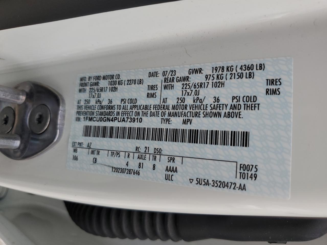 2023 FORD ESCAPE ACTIVE VIN:1FMCU0GN4PUA73910