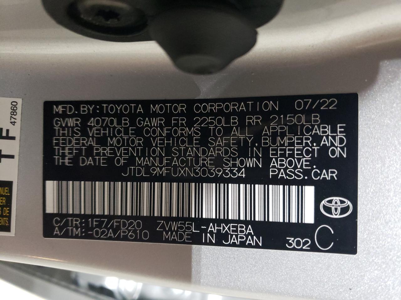 2022 TOYOTA PRIUS LE VIN:JTDL9MFUXN3039334