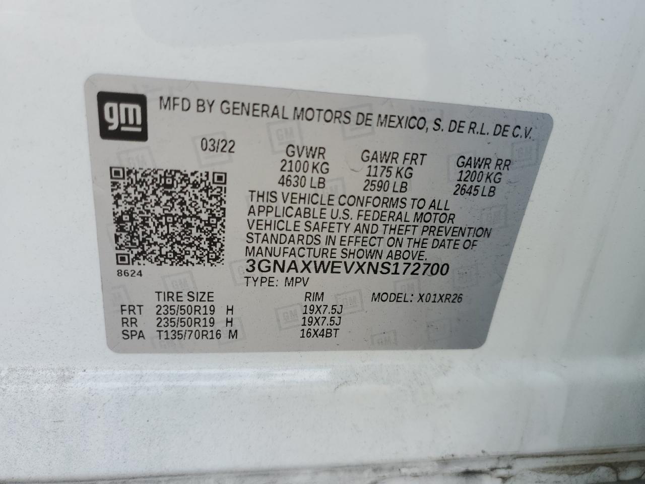 2022 CHEVROLET EQUINOX RS VIN:3GNAXWEVXNS172700