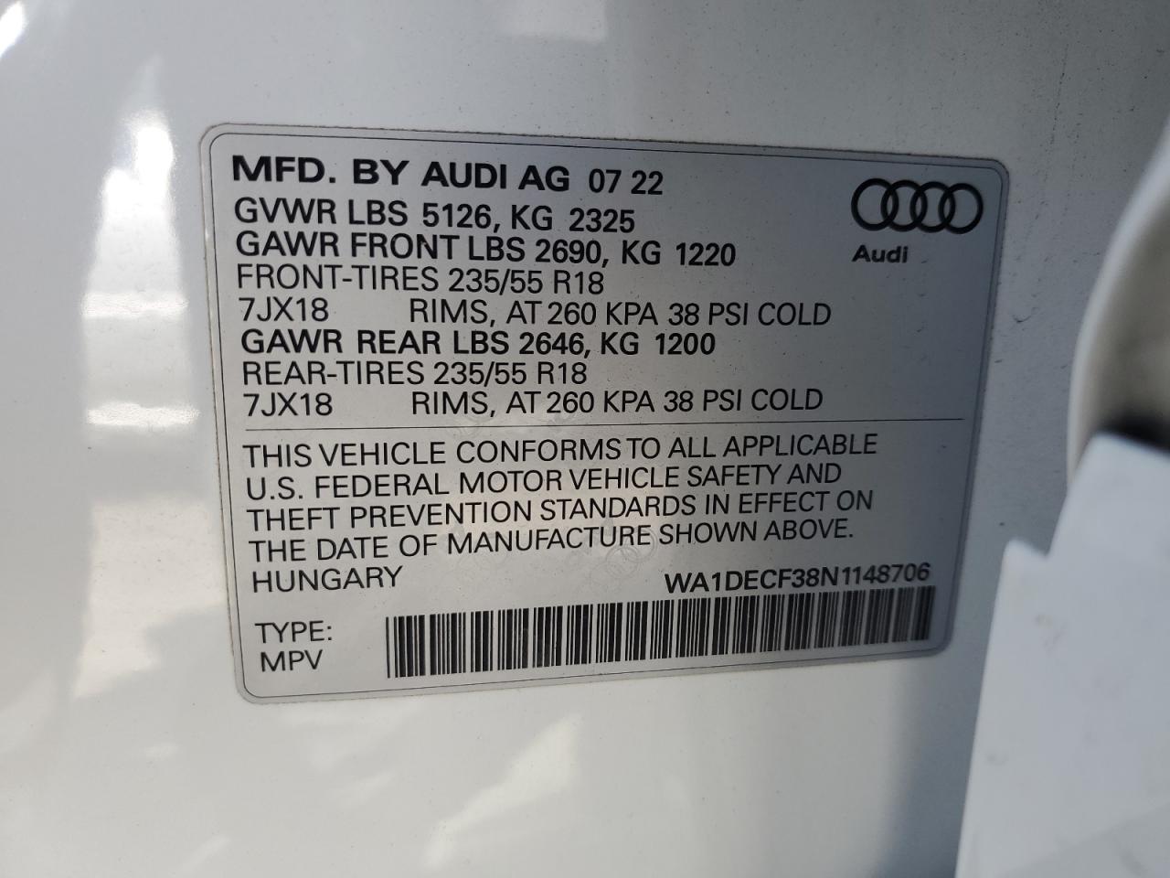 2022 AUDI Q3 PREMIUM S LINE 45 VIN:WA1DECF38N1148706
