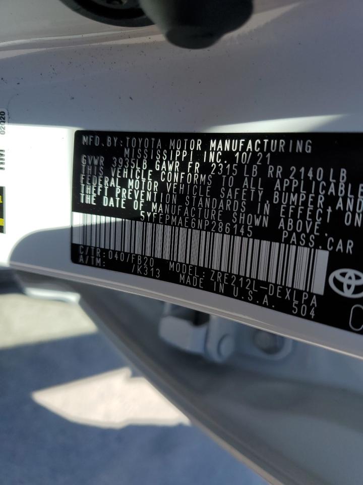 2022 TOYOTA COROLLA LE VIN:5YFEPMAE6NP286145