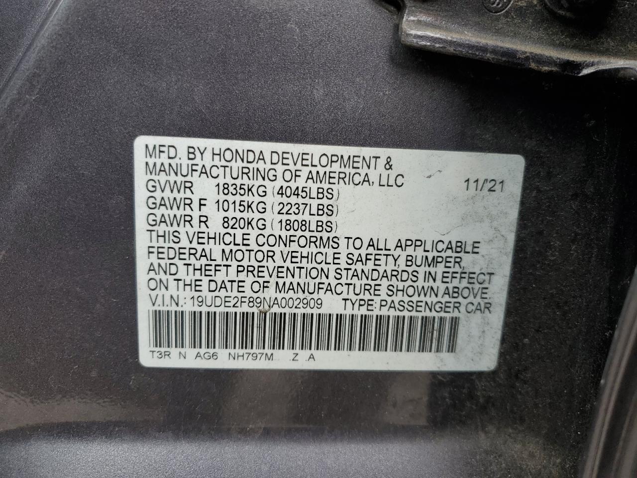 2022 ACURA ILX PREMIUM A-SPEC VIN:19UDE2F89NA002909