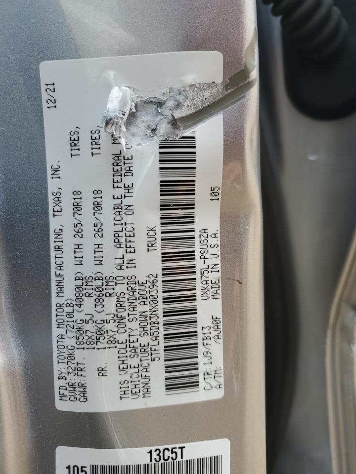 2022 TOYOTA TUNDRA CREWMAX SR VIN:5TFLA5DB3NX003962