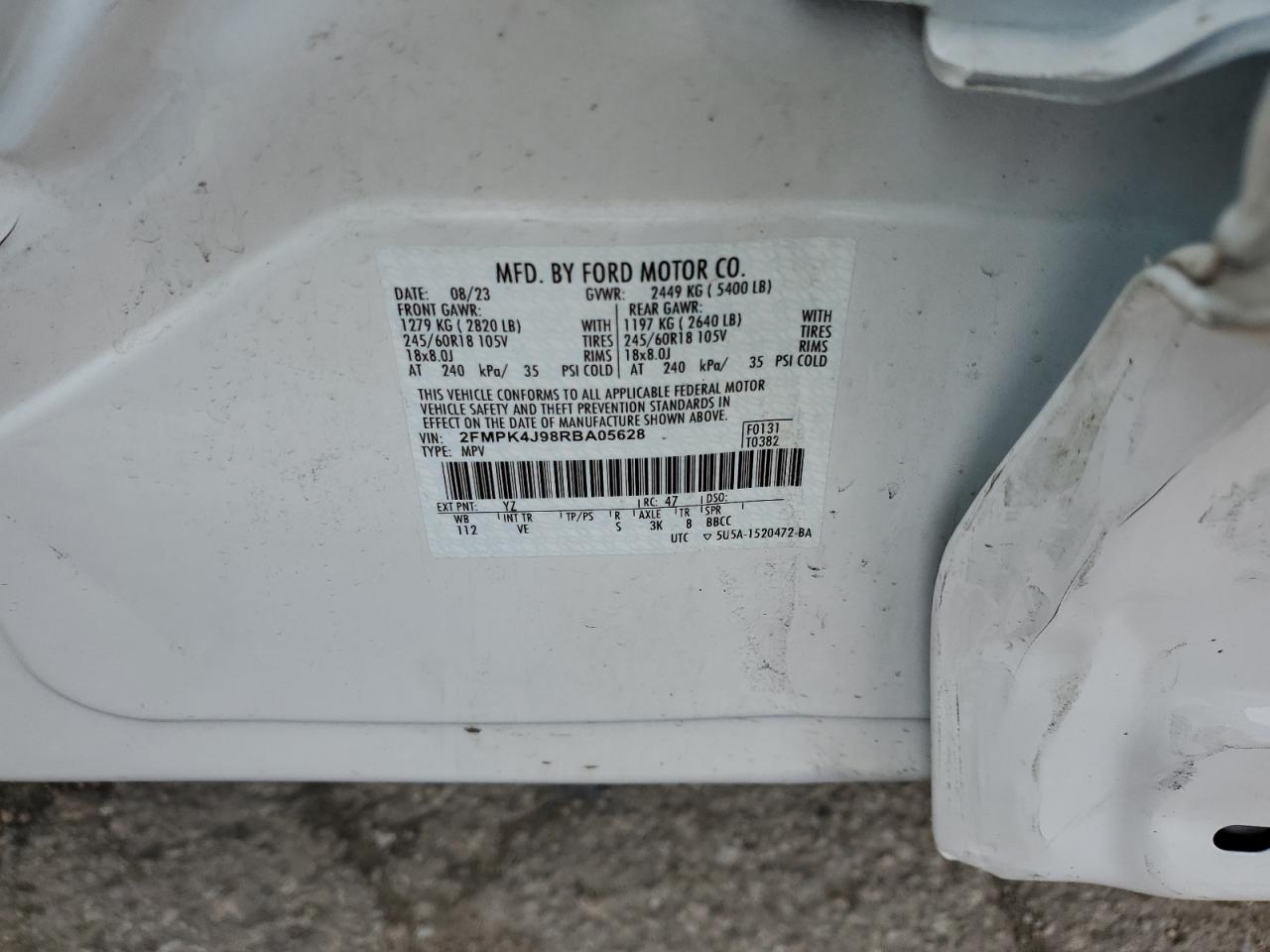 2024 FORD EDGE SEL VIN:2FMPK4J98RBA05628