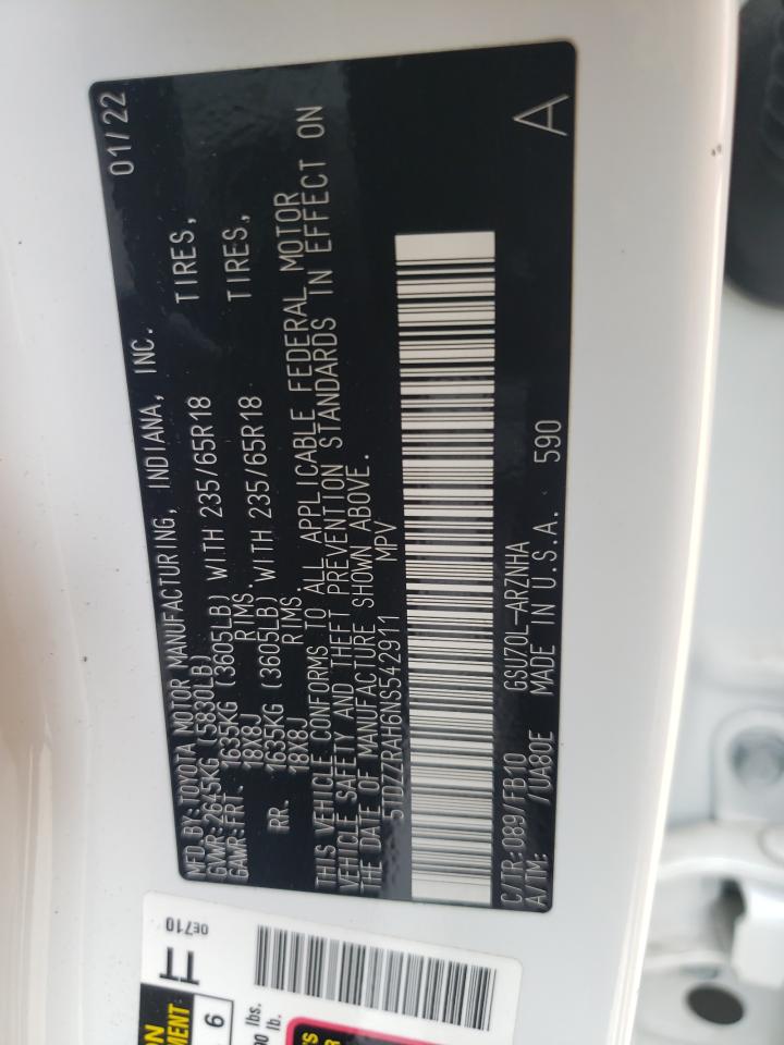 2022 TOYOTA HIGHLANDER L VIN:5TDZZRAH6NS542911