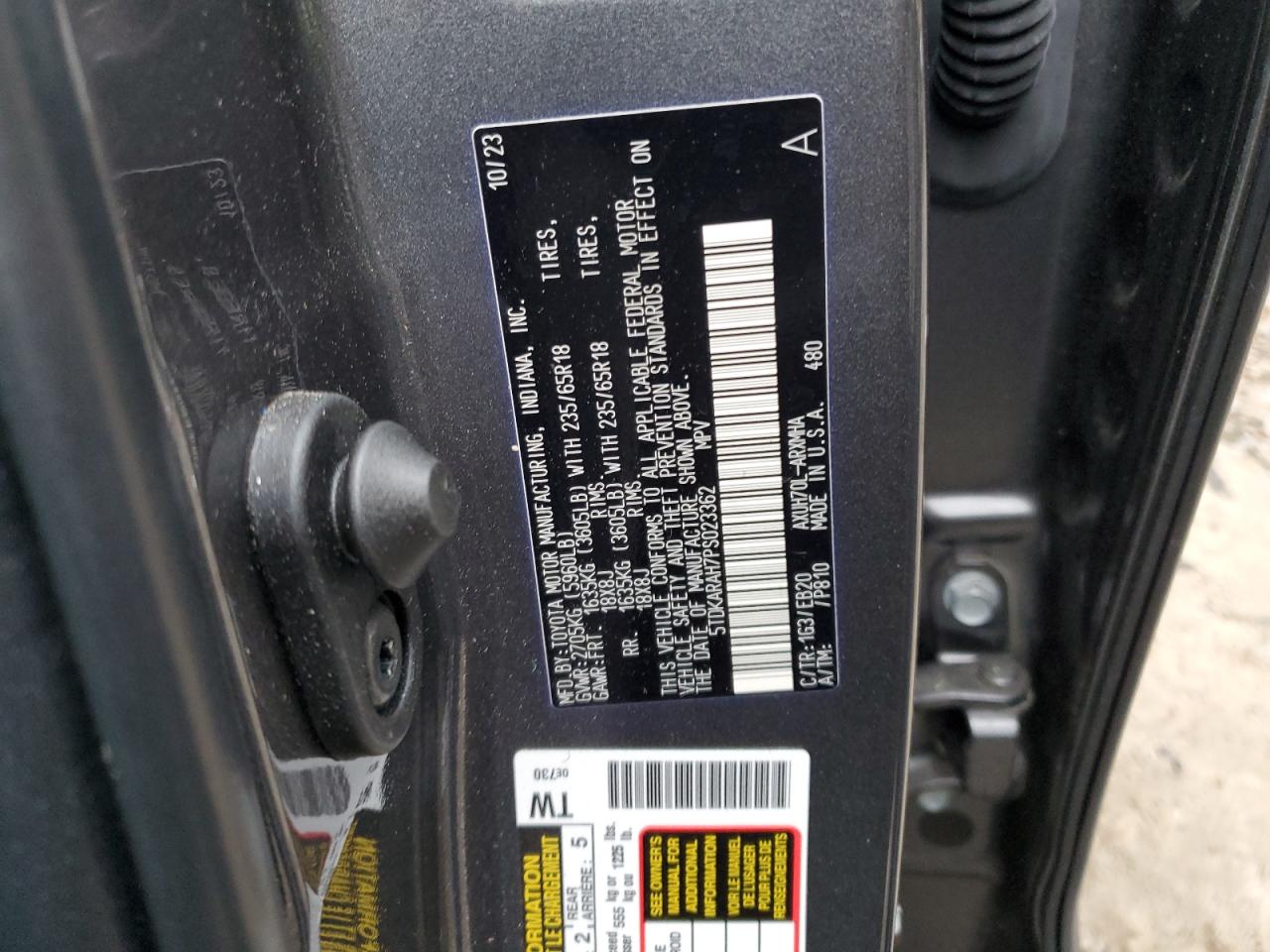 2023 TOYOTA HIGHLANDER HYBRID XLE VIN:5TDKARAH7PS023362