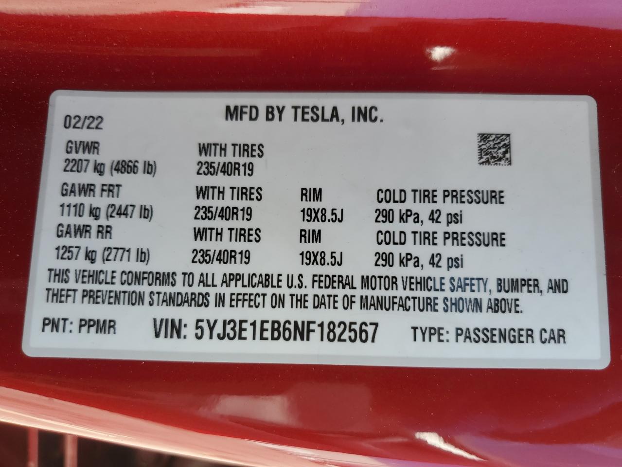 2022 TESLA MODEL 3  VIN:5YJ3E1EB6NF182567