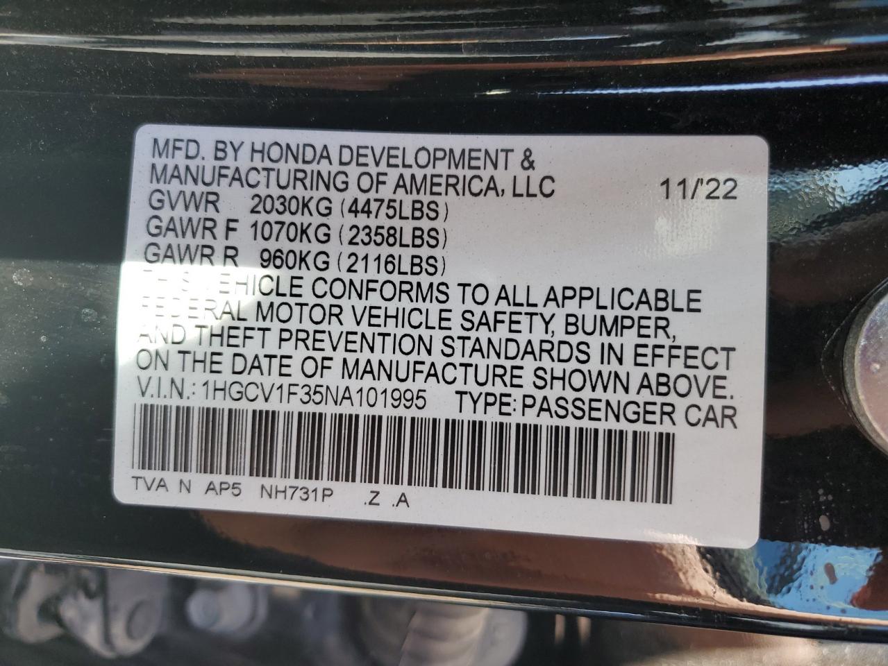 2022 HONDA ACCORD SPORT VIN:1HGCV1F35NA101995