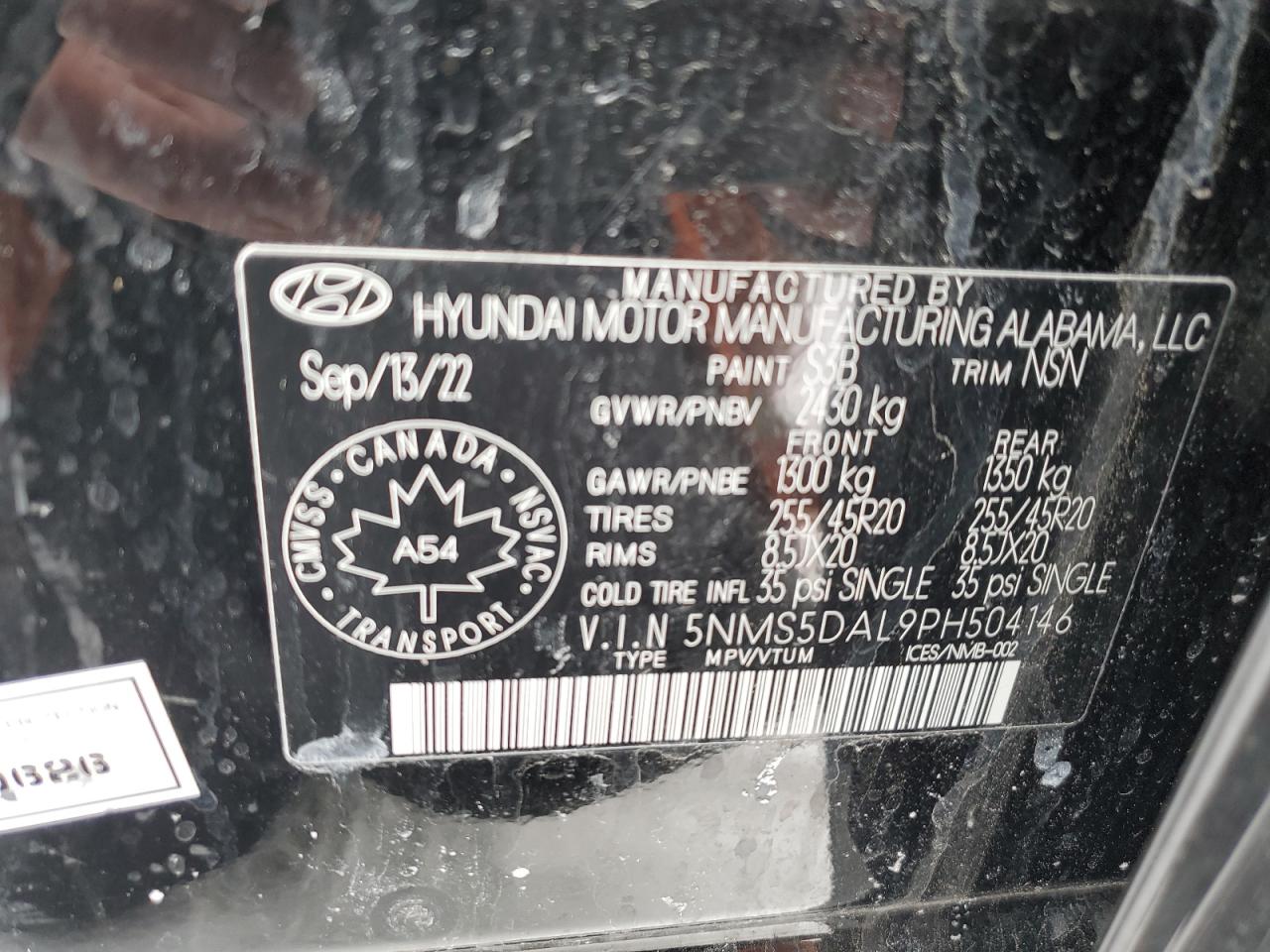 2023 HYUNDAI SANTA FE CALLIGRAPHY VIN:5NMS5DAL9PH504146