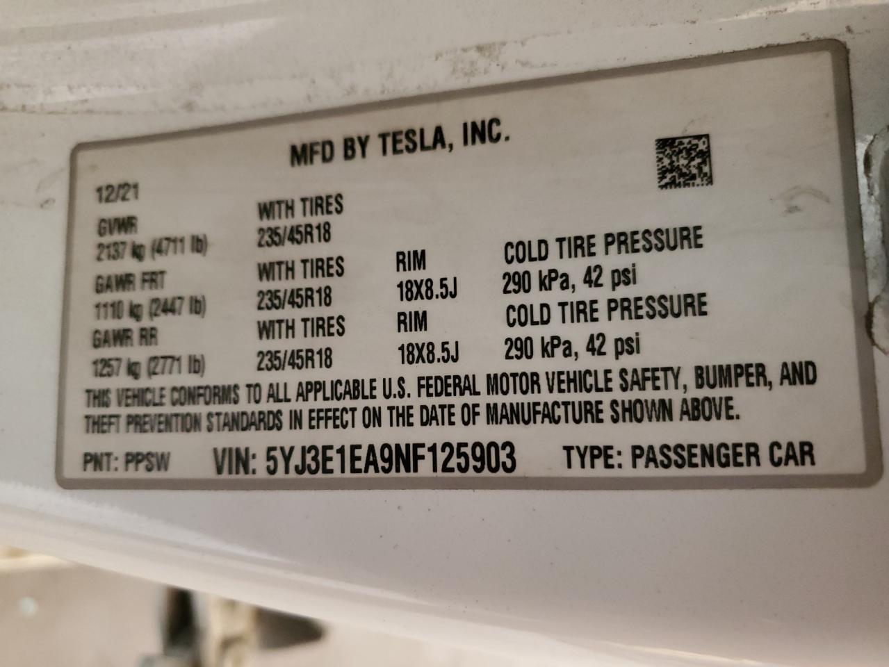 2022 TESLA MODEL 3  VIN:5YJ3E1EA9NF125903