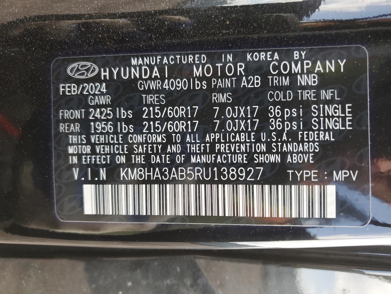 2024 HYUNDAI KONA SE VIN:KM8HA3AB5RU138927