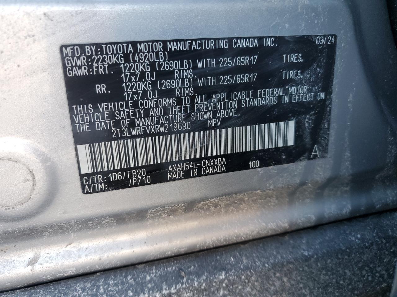 2024 TOYOTA RAV4 LE VIN:2T3LWRFVXRW219690