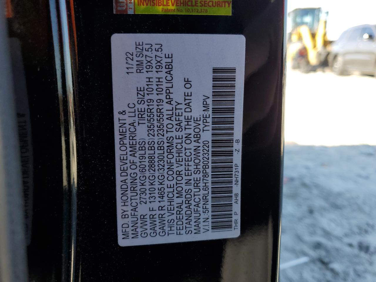 2023 HONDA ODYSSEY SPORT-L VIN:5FNRL6H78PB023220