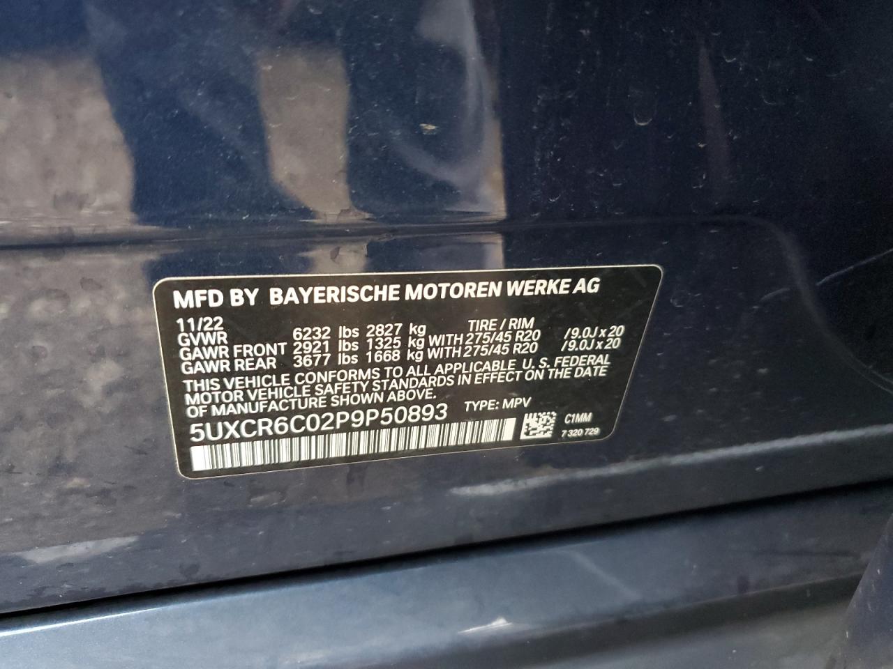 2023 BMW X5 XDRIVE40I VIN:5UXCR6C02P9P50893