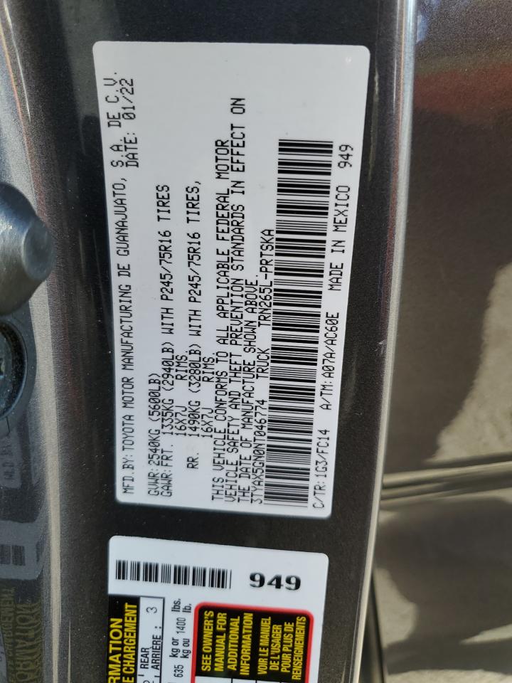 2022 TOYOTA TACOMA DOUBLE CAB VIN:3TYAX5GN0NT046774