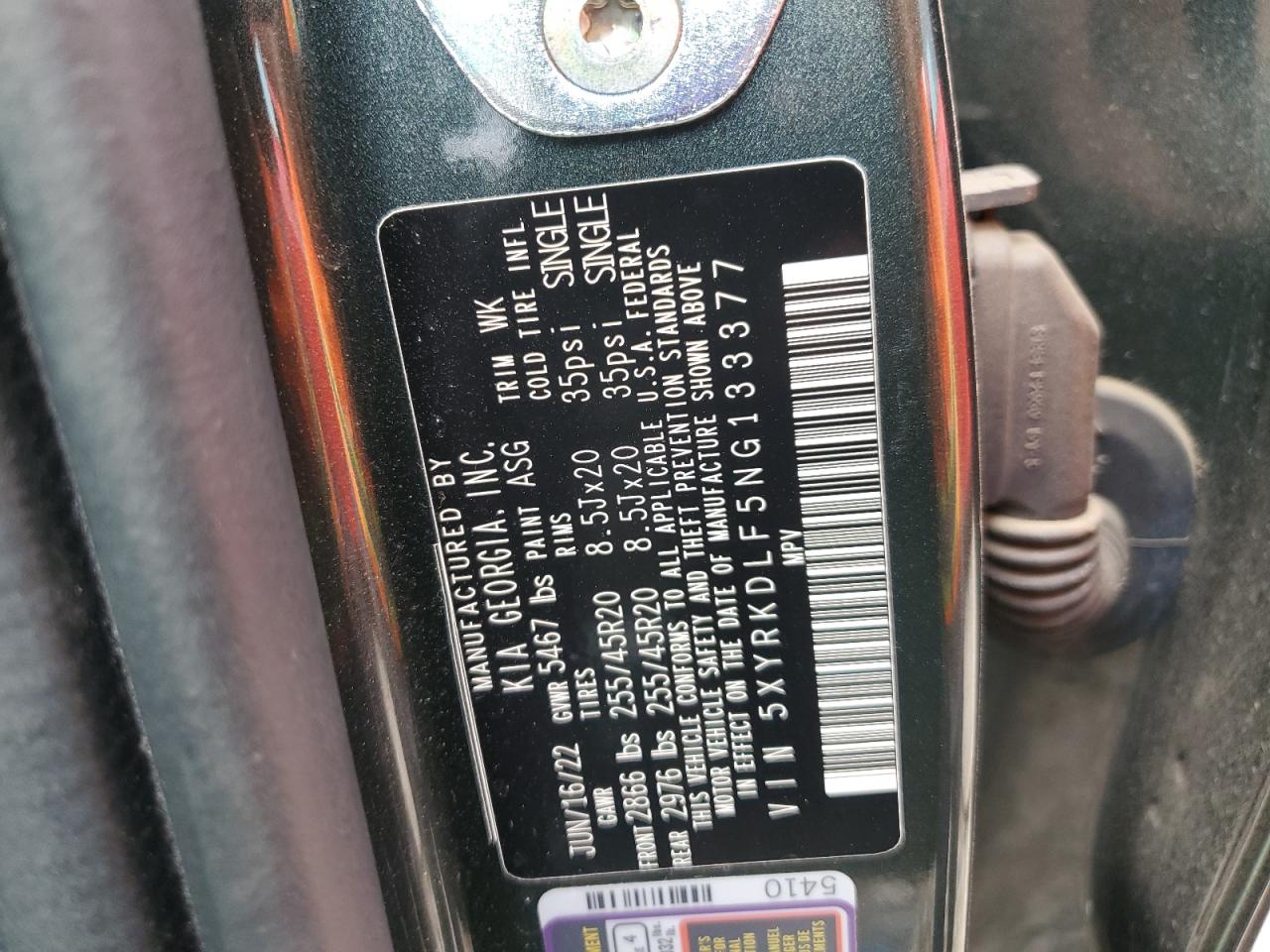 2022 KIA SORENTO SX VIN:5XYRKDLF5NG133377