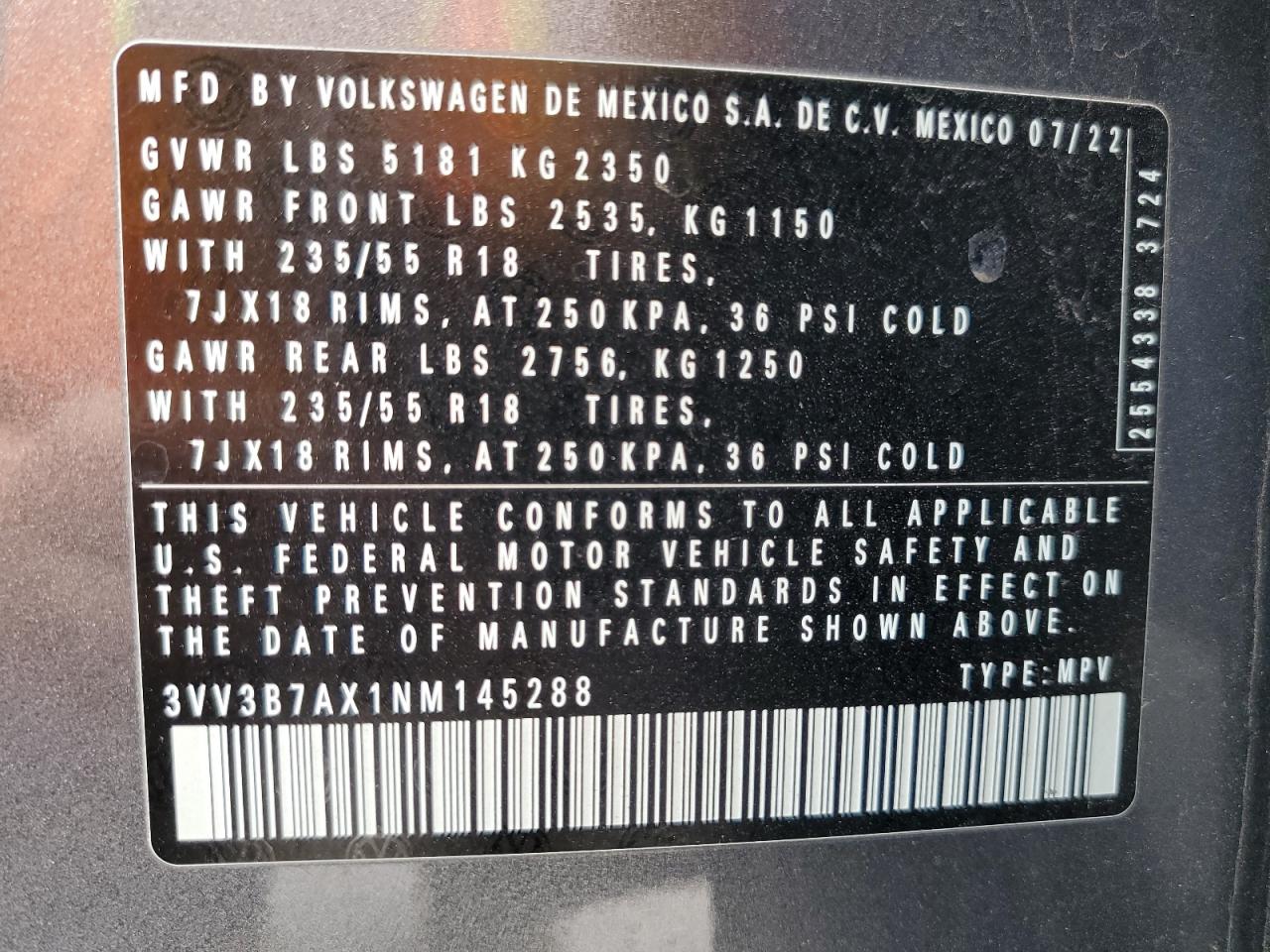 2022 VOLKSWAGEN TIGUAN SE VIN:3VV3B7AX1NM145288