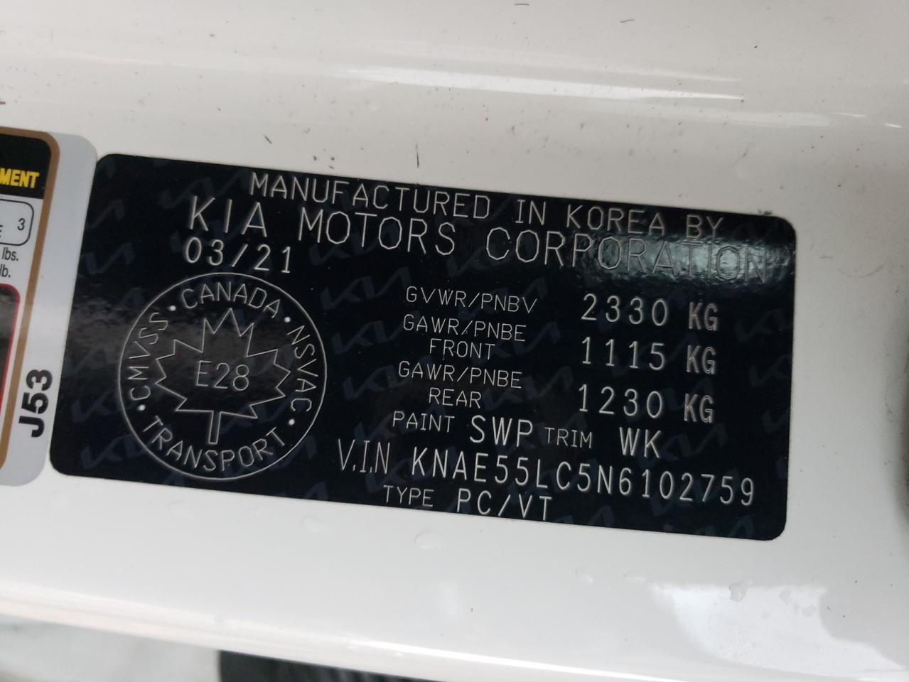 2022 KIA STINGER GT2 VIN:KNAE55LC5N6102759