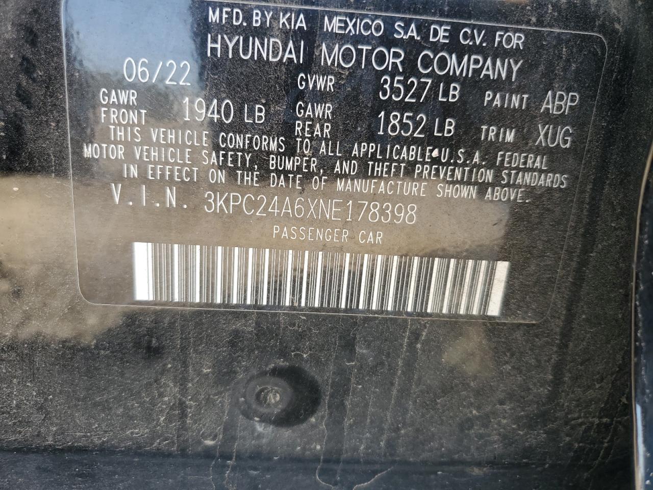 2022 HYUNDAI ACCENT SE VIN:3KPC24A6XNE178398