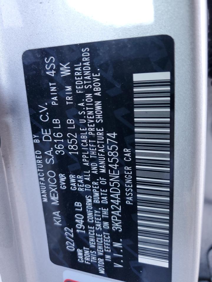 2022 KIA RIO LX VIN:3KPA24AD5NE458574