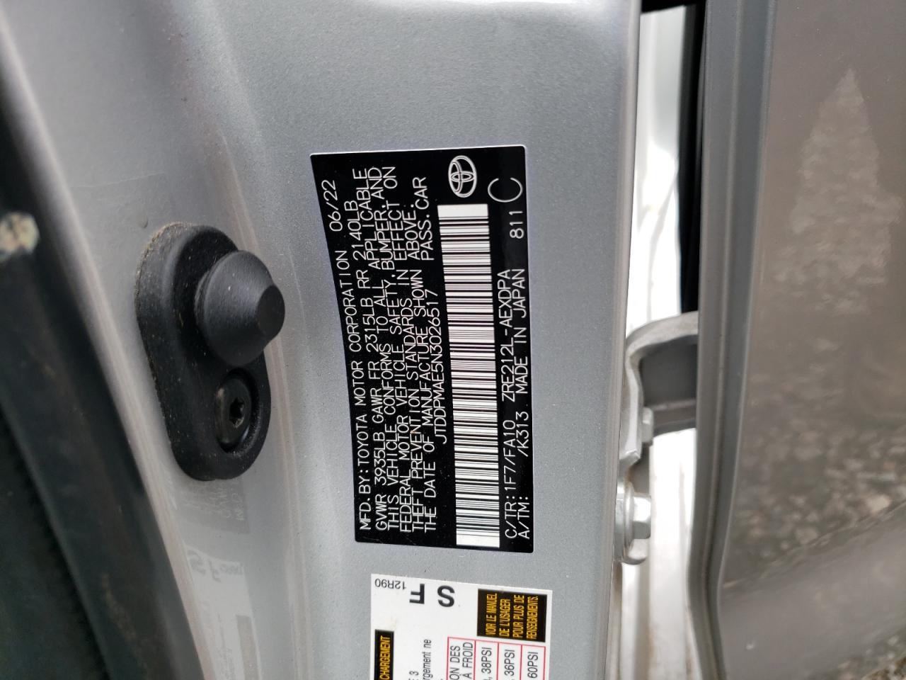 2022 TOYOTA COROLLA L VIN:JTDDPMAE5N3026517