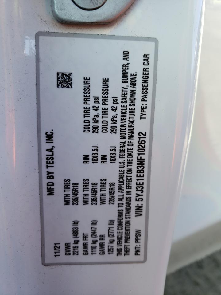 2022 TESLA MODEL 3  VIN:5YJ3E1EB3NF102612