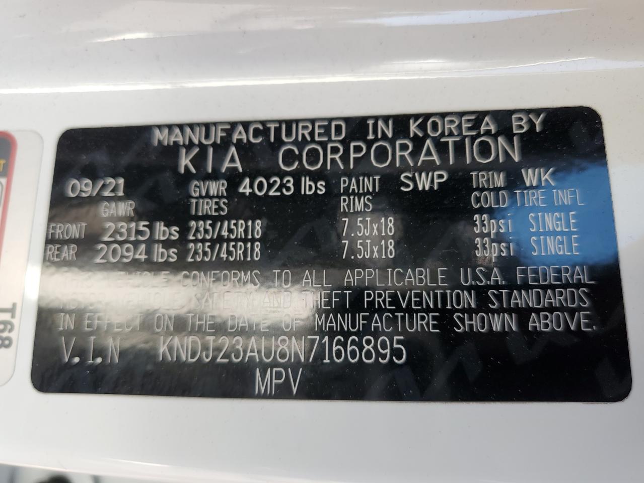 2022 KIA SOUL LX VIN:KNDJ23AU8N7166895