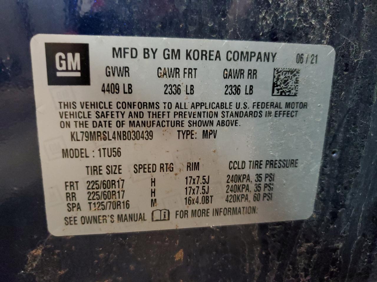 2022 CHEVROLET TRAILBLAZER LT VIN:KL79MRSL4NB030439