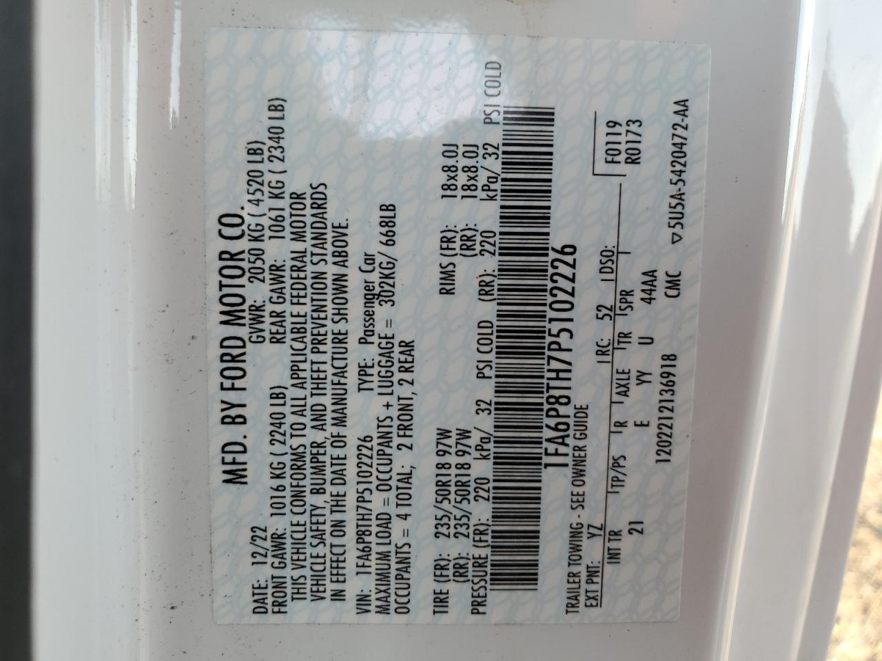 2023 FORD MUSTANG  VIN:1FA6P8TH7P5102226