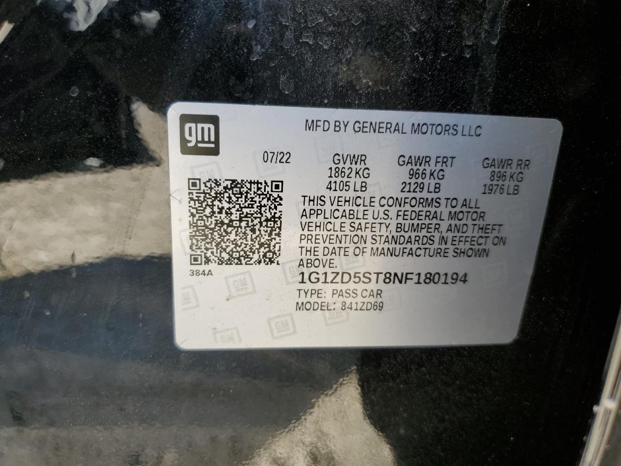 2022 CHEVROLET MALIBU LT VIN:1G1ZD5ST8NF180194